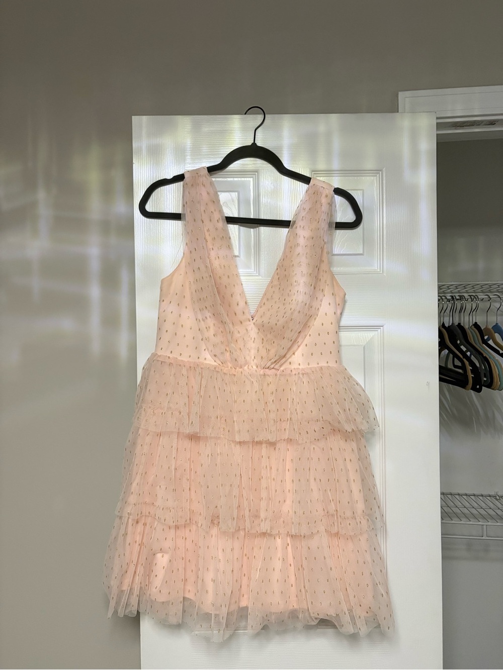 Lulu's Blush Peach Tulle Mini Dress with Gold Metallic Dots
